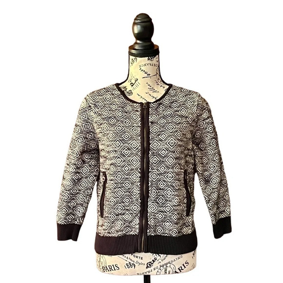 Lucky Brand Sweater Sz S Black Beige Geo Knit Ribbed Full Zip Bomber Sweater - Picture 1 of 9